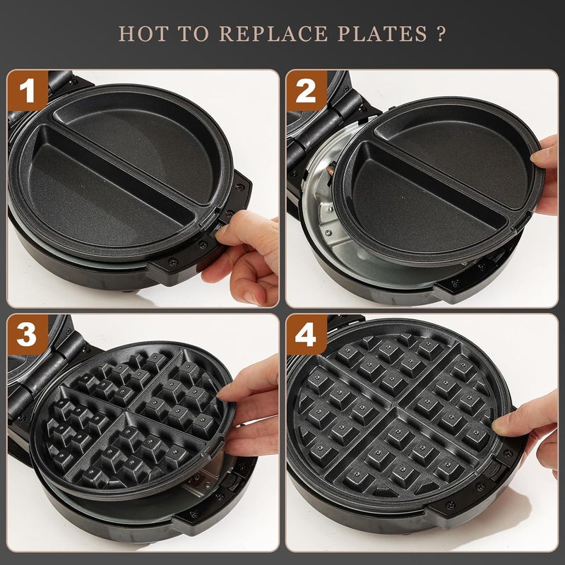 UVFAST Mini Waffles Maker with 6 Removable Plates, 3 in 1 Small Waffle Maker Mini- Waffle, Pancake, Donut, 6" Non Stick Waffle Iron for Kids and Families, Black - Image 2